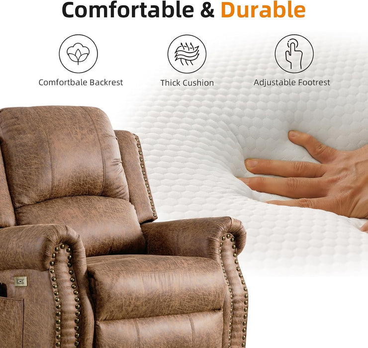 Power Recliner Chair with Massage and Heat, Faux Leather Electric Recliner Chair, Classic Single Sofa with Rivet Decoration for Living Room, Nut Brown