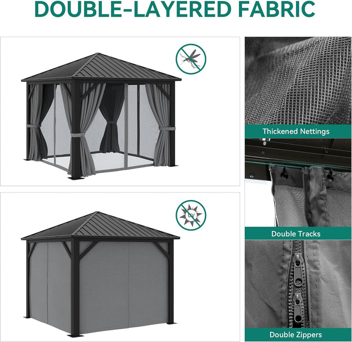 10'X10' Metal Hardtop Gazebo Outdoor Patio Single Top Canopy Galvanized Iron Garden Tent Curtains Netting for Backyards Decks Lawns,Gray
