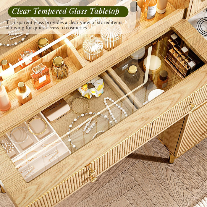 Vanity Desk with 35.12" HD Lighted Mirror, 46.85" Big Modern Vanity Desk with Mirror and Lights, Makeup Vanity with 7 Drawers and Storage Shelves and Charging Station, Oak