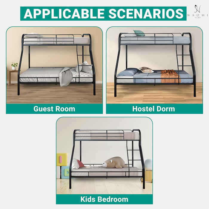 Hollywood Bunk Beds Twin over Full Size, Heavy Duty Metal Bunk Bed with Safety Guardrails, Angled Ladder, Underbed Storage, 800Lbs Capacity - for Kids and Teens, Twin over Full Bunk Bed, Black