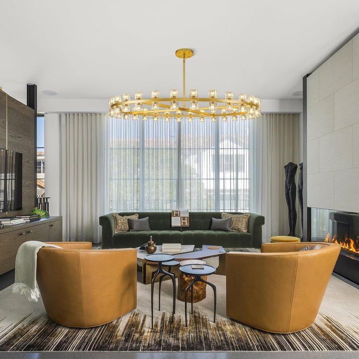 Modern 60 Inch Gold round Chandelier, Extra Large Chandeliers Crystal Chandeliers for Living Room, Large Wagon Wheel Chandelier for Foyer, Staircase, Entrance,Includes Bulb