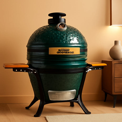 13-Inch Ceramic Kamado Grill, Waterproof Vent Cap, Green | Charcoal-Fired Tabletop Kamado with a Waterproof Vent Cap That Helps Shield the Top Vent from Rain during Outdoor Cooking.