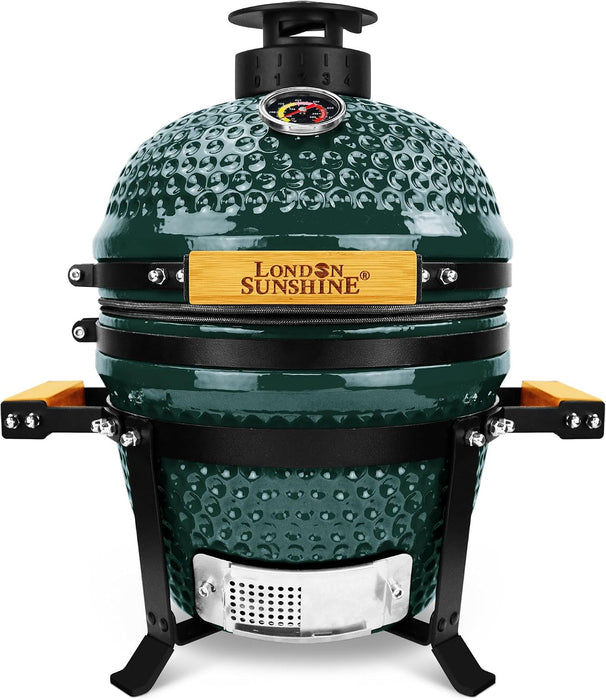 13-Inch Ceramic Kamado Grill, Waterproof Vent Cap, Green | Charcoal-Fired Tabletop Kamado with a Waterproof Vent Cap That Helps Shield the Top Vent from Rain during Outdoor Cooking.