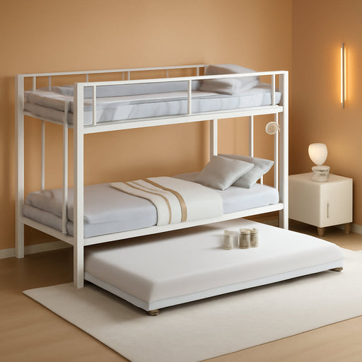 Bunk Bed Twin over Twin with Trundle, Metal Bunkbeds with Ladder and Full-Length Guardrail, No Box Spring Needed, Space Saving, Noise Free, White