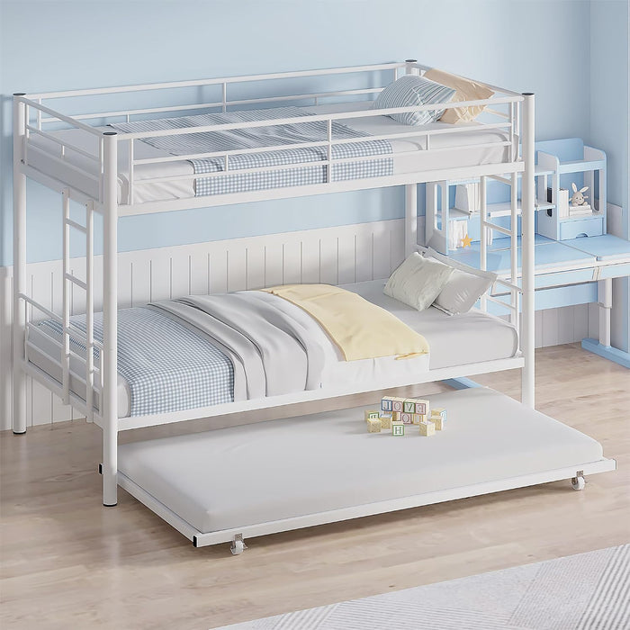 Bunk Bed Twin over Twin with Trundle, Metal Bunkbeds with Ladder and Full-Length Guardrail, No Box Spring Needed, Space Saving, Noise Free, White