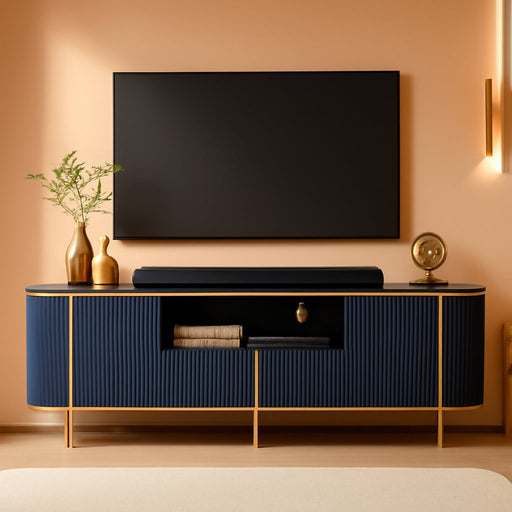 Luxury 70" Fluted TV Stand, Modern Chic Entertainment Center for Tvs up to 80 Inches, TV Console with Faux Marble Top, Curved Profile Design, Media Console for Living Room, Navy Blue