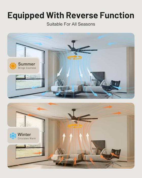 Ceiling Fans with Lights and Remote - 72 Inch Black Large Ceiling Fan for Inoor Bedroom, Living Room, Kichen, 3 Downrods, Dimmable, Super Quiet, 6 Speeds, Dual Finish 8 Blades
