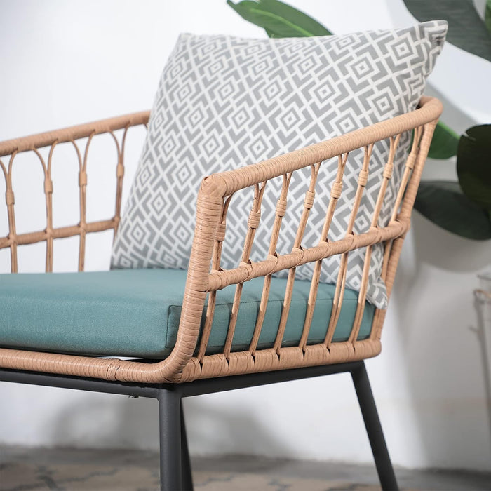 3 Piece Patio Furniture Outdoor Conversation Bistro Set with Tempered Coffee Table and Wicker Chairs for Garden Balcony Backyard Yard Poolside, Green (QX-MA-WF-001)