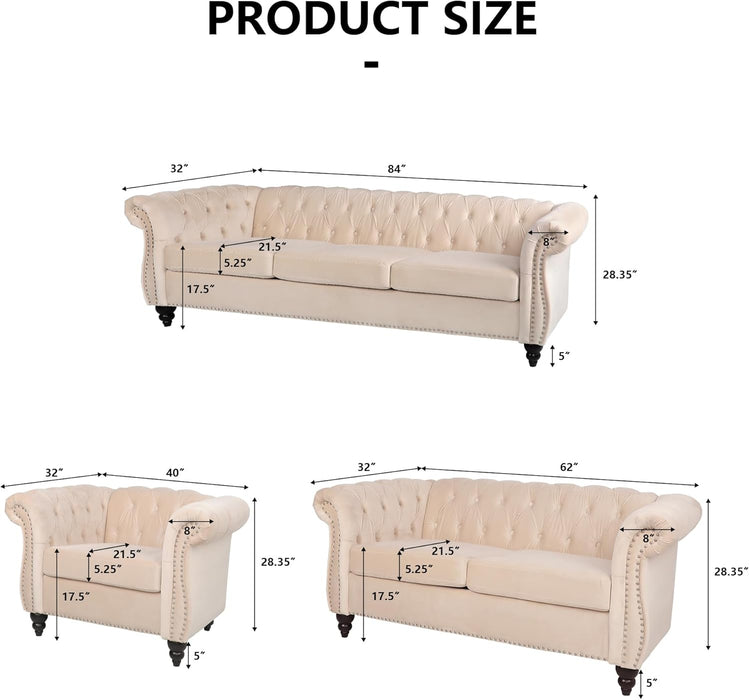 3 Pieces of Living Room Furniture Sofa Sets, Modern Velvet Chesterfield Sofa&Chesterfield Club Chair&Chesterfield Loveseat Sofas Set with Nailhead Trims Scroll Arms for Living Room (Beige)