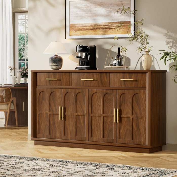 59" Sideboard Buffet Cabinet, 3 Drawers, 4 Doors, Walnut | Modern Coffee Bar Cabinet with Gold Handles, Long Sideboard Buffet Table for Kitchen
