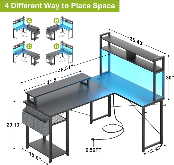 Small L Shaped Desk Gaming Desk with Power Outlets, 48" Reversible L Shaped Computer Desk with Monitor Stand & Storage Shelf, Corner Gamer Desk Home Office Desk with Storage Bag, Black