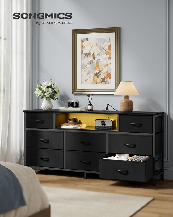 Dresser for Bedroom with Outlets & LED Lights, 8 Fabric Drawers