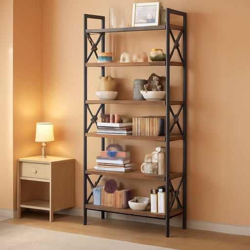 Six Tier Foldable Brown Bookcase Industrial Finish
