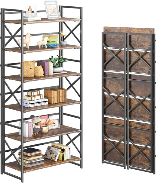 Six Tier Foldable Brown Bookcase Industrial Finish