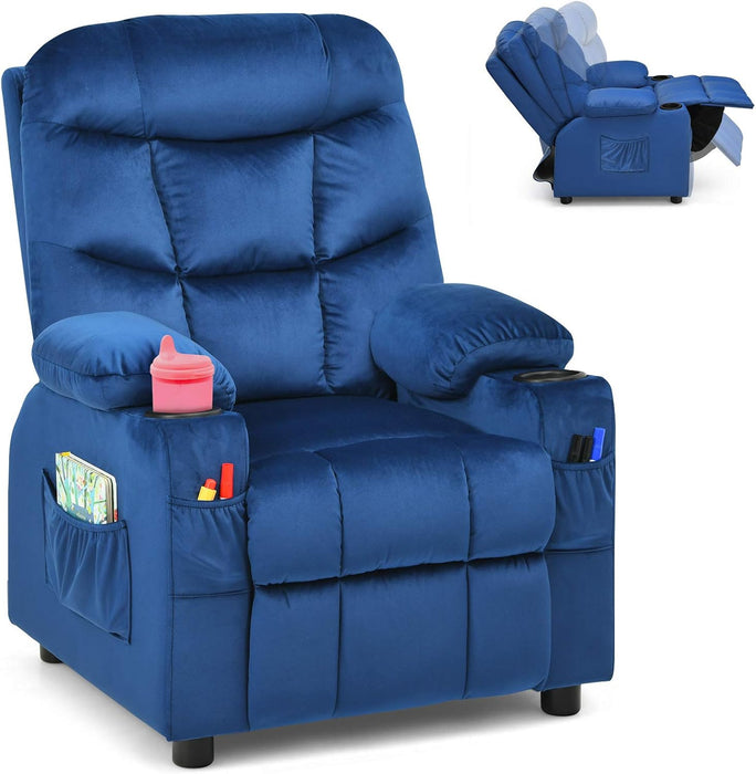 Kids Recliner Chair with Cup Holder, Adjustable Velvet Lounge Chair W/Footrest & Side Pockets for Children Boys Girls Room, Ergonomic Toddler Furniture Sofa Gifts, Kids Recliner (Blue)