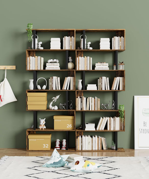 6 Tier Geometric Bookcase,S Shaped Bookshelf, Wood Decorative Storage Shelving, Modern Freestanding Display Shelves, Tall Book Shelf Unit for Living Room Bedroom, Rustic Brown