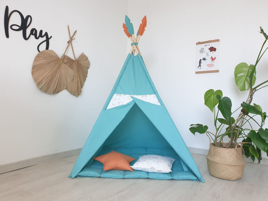 Large Kids Teepee Tent with Padded Mat , Kids Playhouse , Indoor Playzone , Rainbow Teepee Print , Turquoise Color Teepee