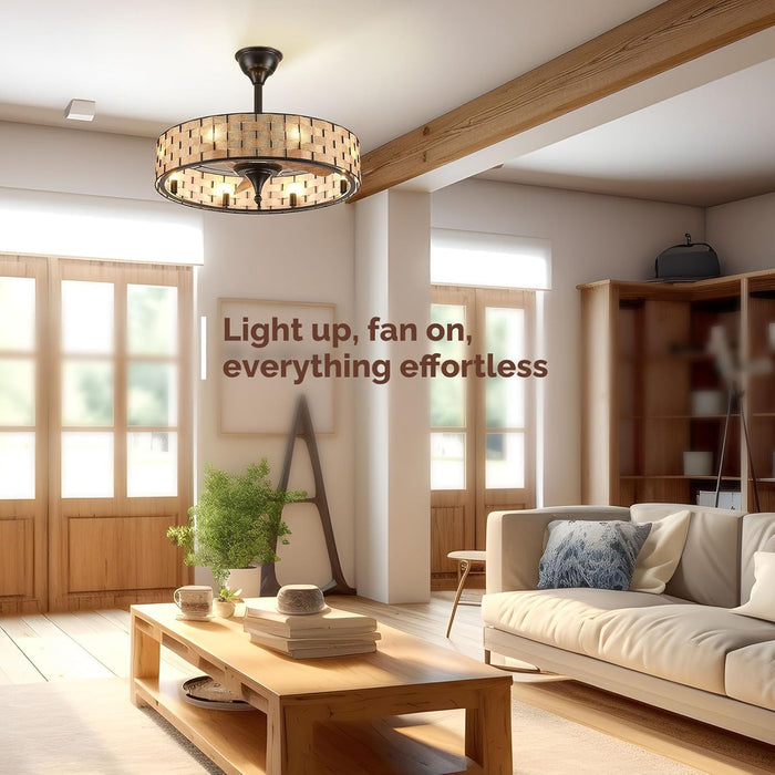 24" Caged Ceiling Fan with Lights, 2 Ways Control(App&Remote Control), Light Kit Included(8 Bulbs), Modern Farmhouse