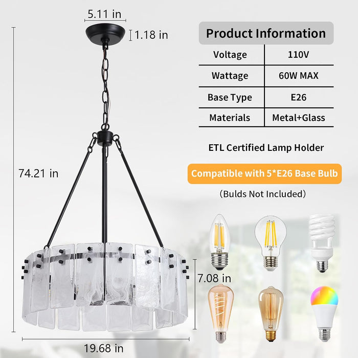 JetBlack CrystalGlass Drum Chandelier Light Luminaire