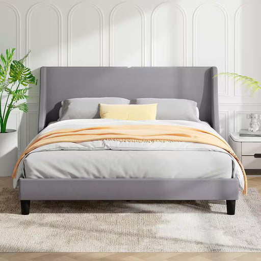 Upholstered Bed Frame with Headboard and Wingback Light Grey Queen Size Bed Frame Platform Bed with USB and Type-C Ports