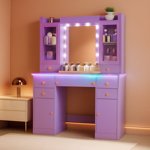 Vanity Desk with Mirror and Lights, 43" Purple Makeup Vanity Set with 5 Drawers & Glass Cabinets, Makeup Tray, Power Outlet & Adjustable LED Lights, Dressing Table for Women & Girls Bedroom