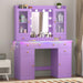 Vanity Desk with Mirror and Lights, 43" Purple Makeup Vanity Set with 5 Drawers & Glass Cabinets, Makeup Tray, Power Outlet & Adjustable LED Lights, Dressing Table for Women & Girls Bedroom