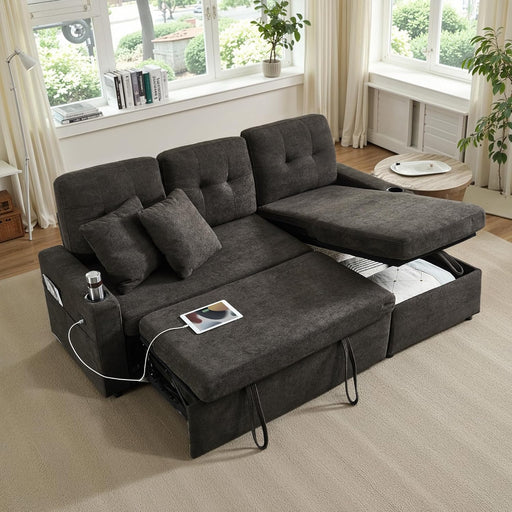 DarkGreyMicrofiber Reversible Sectional Sofa Bed With USB
