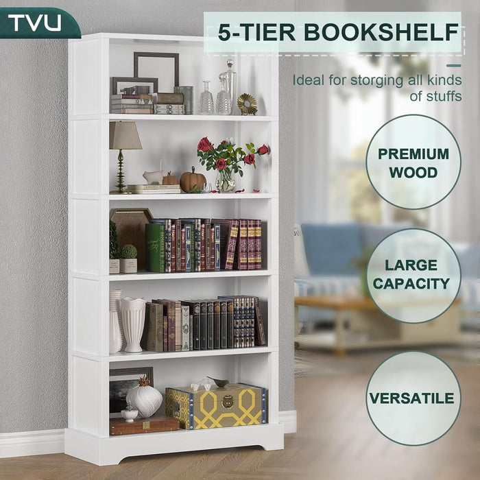 5-Tier Wooden Book Shelf, 65"H × 31.5"W × 9.9“D Bookshelf with Storage, Floor-Standing Display Bookcase, Farmhouse Style Bookshelf with Arched Base, Suitable for Living Room, Study, Office, White