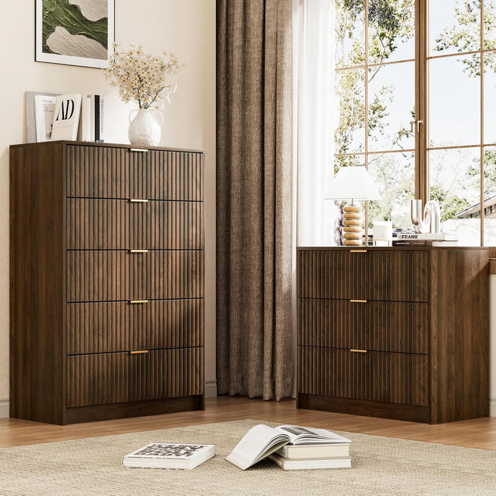Walnut Dresser for Bedroom, Tall Dresser with 5 Drawers and Smooth Slides, Modern Chest of Drawers with Golden Handles for Bedroom, Living Room, Closet, 15.7" D X 31.5" W X 47.2" H