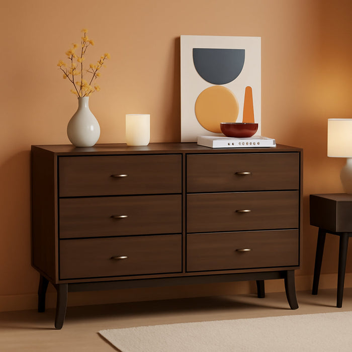 Cherry 52-Inch Wide-Profile Mid-Century Six-Drawer Dresser