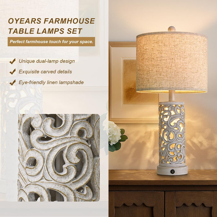 Bedside Table Lamps Set of 2 with USB & Night Light, 22'' Farmhouse Bedroom Lamps for Nightstand, Vintage Table Lamps for Bedroom Living Room Home Offce (Bulb Included)