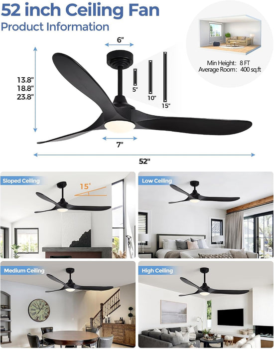 52 Inch Outdoor Ceiling Fans with Lights,Smart Wood Ceiling Fan for Alexa,Google & APP Control,Indoor/Outdoor,3 Blades,3Cct Dimmable,Black Walnut,Downrod Mount for Patio Porch