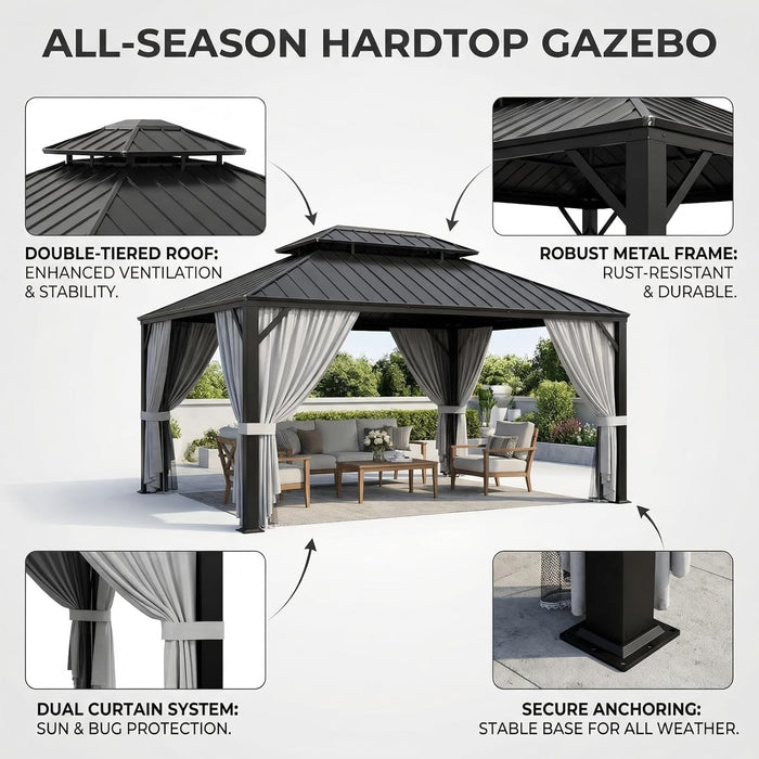 16'X12' Hardtop Gazebo, Update Aluminum Frame Gazebo with Galvanized Steel Double Roof, Outdoor Pergola with Curtain and Net, Backyard Canopy for Garden, Deck, Gray and Black