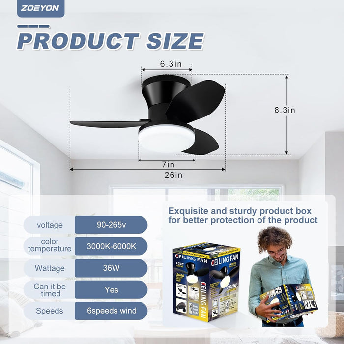Small Ceiling Fan with Light - 26 Inch Flush Mount Ceiling Fan with Lights and Remote, Low Profile Ceiling Fans with 3 Reversible Blades, 6 Wind Speeds, Black Ceiling Fans for Bedroom