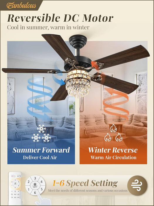 48 Inch Crystal Chandelier Fan with 22W LED, Fandelier Ceiling Fan with Light, Dimmable, 3CCT, 6-Speeds, Quiet DC Motor, Ceiling Fan Chandeliers, Modern Ceiling Fans for Bedroom, Living Room
