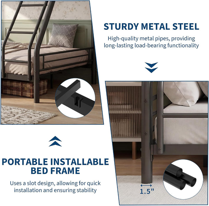 Twin over Full Bunk Bed Frame, Heavy Duty Metal Bunk Beds for Kids/Teens/Adults, 450 Lbs Upper & 500 Lbs Lower Capacity, Slot-Type Assembly, Reversible Ladder, 11.7" Safety Guardrails，Black