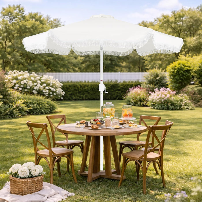 9Ft Fringe Market Patio Umbrella – Outdoor Boho Tassel Sunshade for Table, Pool, Deck, Backyard – UPF50+, Easy Tilt, Heavy Duty Steel Pole & Ribs - White