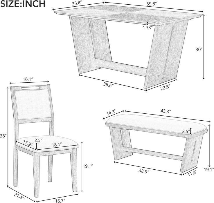 6-Piece Retro Dining Set, 1 Rectangular Table with Stable Trapezoidal Table Base and 4 Upholstered Chairs and 1 Bench for Dining Room and Kitchen, Natural Wood Wash