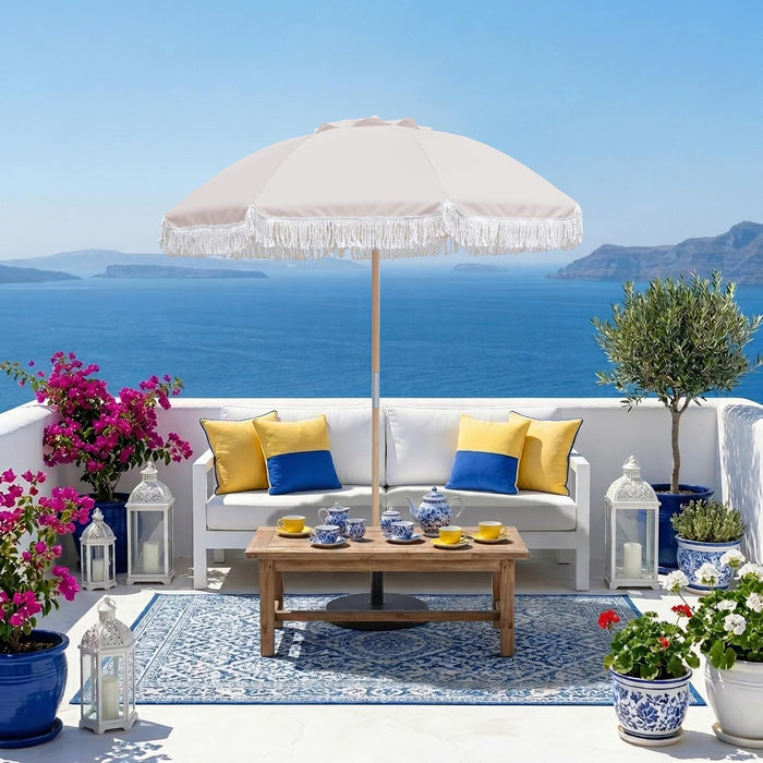 Boho Patio Umbrella, 6FT Beach Umbrella with Fringe, Wooden Pole