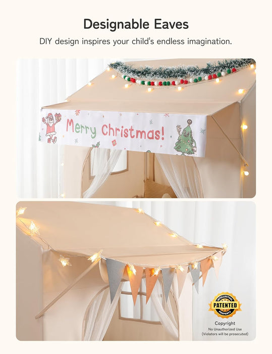 Kids Play Tent with Eave, Toddler Tent 2 in 1 with Padded Mat and Lights, Large Playhouse with 2 Doors & 2 Windows, Indoor & Outdoor, Christmas Toddler Playhouse, 51" X35" X 47"