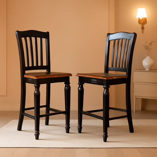 CHS-BLK-W Chelsea Counter Height Barstools - Slat Back Wooden Seat Chairs, Set of 2, Black & Cherry