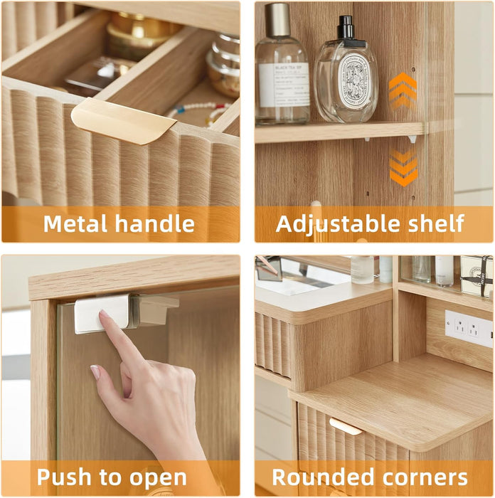 Vanity Desk with Mirror and Lights, 43.5'' Fluted Makeup Vanity with 6 Drawers and Adjustable Shelves, Glass Top Make up Vanity, Girls Wood Dressing Table with Power Outlet for Bedroom