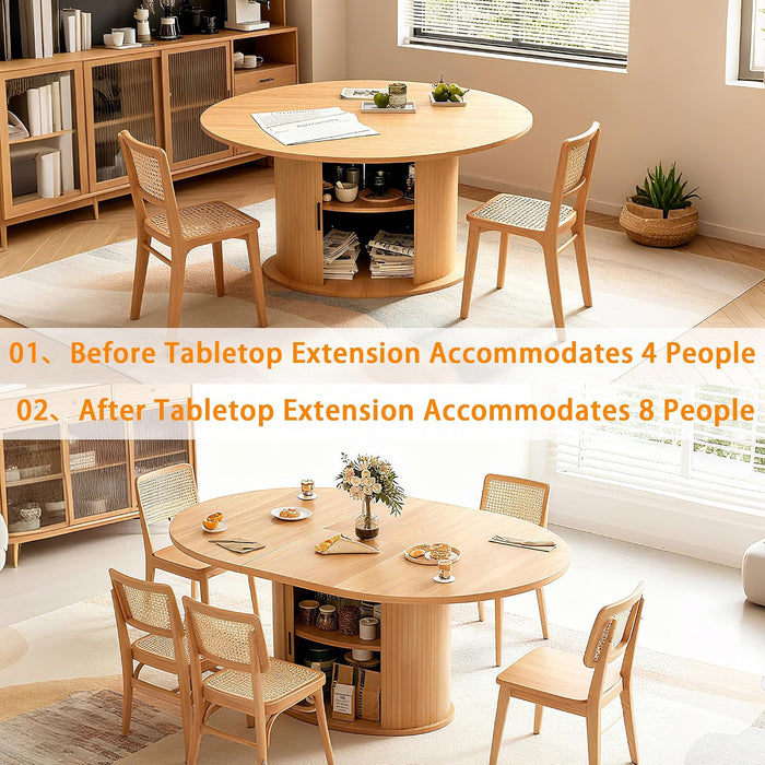Extendable round Dining Table for 2-4-6, 63 Inch Dining Room Kitchen Table with 2-Tier Storage Shelf, Modern Farmhouse Fluted Wood Slide Door Dinner Furniture,Oval Circle (Oak-63 Inch)