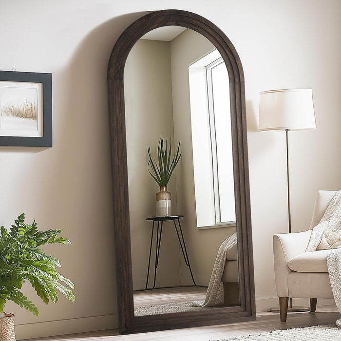 Arched Full Length Mirror with Solid Wood Frame, 71"X32" Rustic Farmhouse Large Floor Mirror with Stand, Free Standing Leaning Hanging, for Bedroom Living Room Dressing Room Entryway, Brown