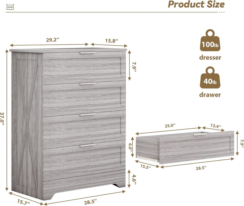 Farmhouse 4 Drawer Dresser for Bedroom, Tall Bedroom Dresser with Large Drawer & Silver Handles, Wooden Storage Organizer Cabinet Chest of Drawer for Closet, Living Room, Hallway, Wash Grey