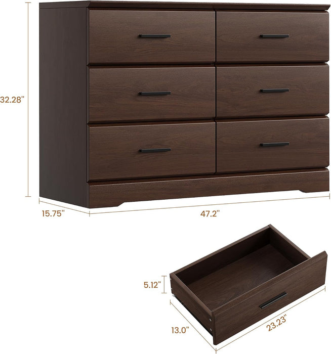 Brown 6 Drawer Dresser for Bedroom, Chest of Drawers with Silver Handle, Wood Storage Dresser with Deep Drawers for Bedroom, Living Room, Hallway Entryway (52.76 * 21.26 * 7.87 In)