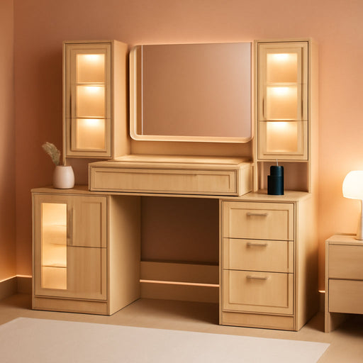 55" Vanity Desk with Mirror & Lights, Fluted Makeup Vanity with 8 Drawers & 4 Cabinets, Tempered Glass Top, RGB Cabinet Lighting, 3-Color Dimmable Mirror, and Charging Station