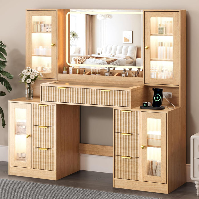 55" Vanity Desk with Mirror & Lights, Fluted Makeup Vanity with 8 Drawers & 4 Cabinets, Tempered Glass Top, RGB Cabinet Lighting, 3-Color Dimmable Mirror, and Charging Station