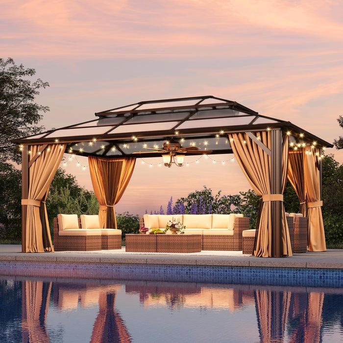 12'X16' Hardtop Gazebo, Outdoor Metal Gazebo with Double Polycarbonate Roof Canopy, Permanent Pavilion with Netting and Curtains for Lawn, Garden, Patio (Brown)