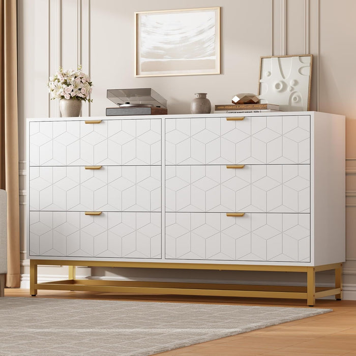 6 Drawer Dresser, White Modern 54" Large Dresser for Bedoom
